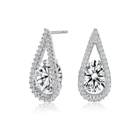 Sterling Silver White Gold Plating With Clear Cubic Zirconia Pear Halo Drop Earrings
