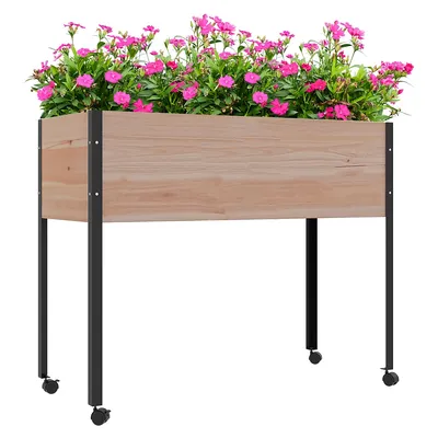 Wooden Elevated Planter Box With Metal Legs And Wheels