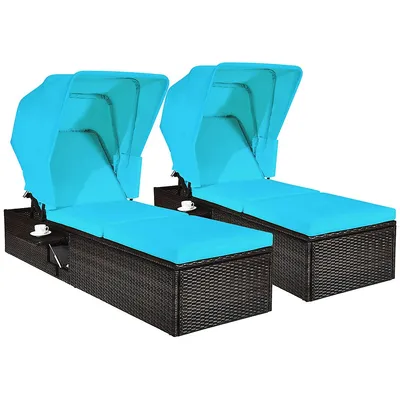2pcs Patio Rattan Lounge Chair Chaise Cushioned Top Canopy Adjustable Turquoise