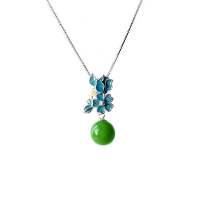 Natural Jade Bead And Enamel Flower Pendant With 18k Gold Plated Sterling Silver 925 Necklace