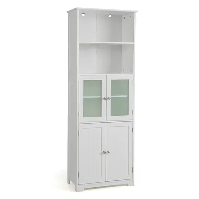 Bathroom Tall Storage Cabinet Linen Tower W/ Glass Door & Adjustable Shelf White