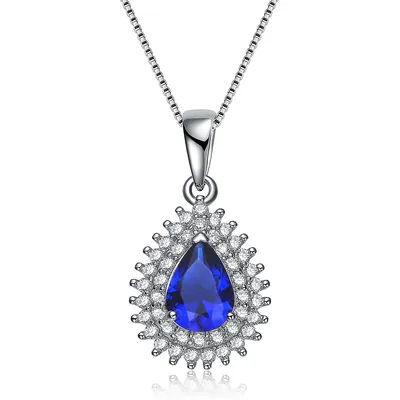 Sterling Silver White Gold Plating With Blue Cubic Zirconia Teardrop Necklace
