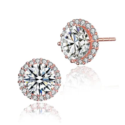 Sterling Silver With Clear Cubic Zirconia Button Stud Earrings