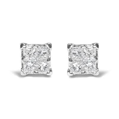 .925 Sterling Silver 1/4 Cttw Invisible Set Princess Diamond Composite Quad Stud Earrings (i-j Color, I1-i2 Clarity)