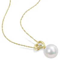 Freshwater Cultured Pearl And Diamond Accent Heart Drop Pendant With Chain In 10k Yellow Gold