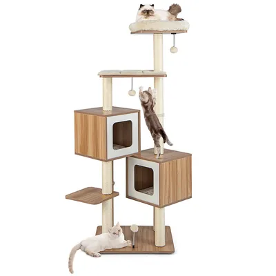 64.5" Multi-layer Wooden Cat Tree Indoor Tower Activity Play Center Cat House