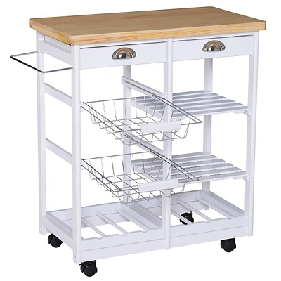 Pinewood Top Kitchen Cart With Wine Rack