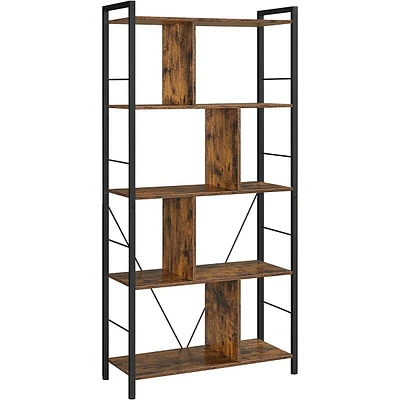 5 Tiers Bookshelf With Open Compartments In Rustic Industrial Look
