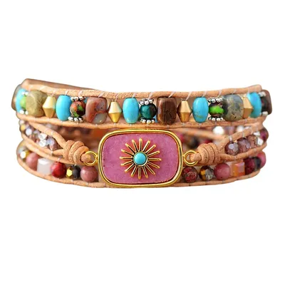Pink Rhodonite Jasper Sun Multi Colored Beaded Wrap Bracelet