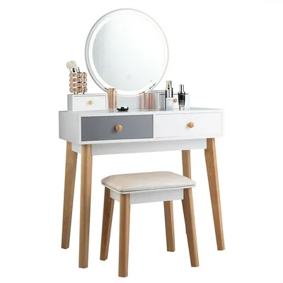Vanity Table Set 3 Color Lighting Modes Makeup Table & Stool Set Jewelry Divider