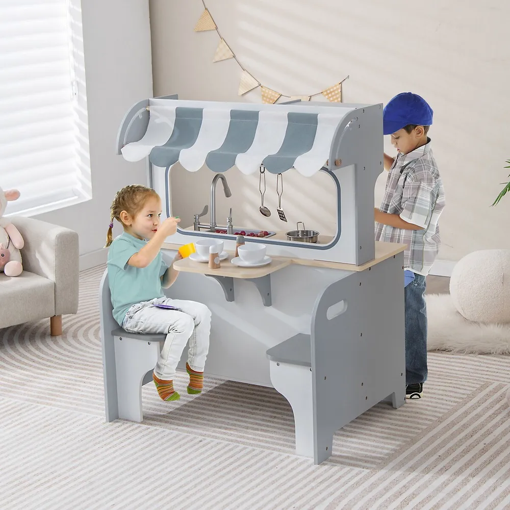 2 In 1 Kids Play Kitchen& Restaurant Double Sided Wooden Kitchen Playset Toddler