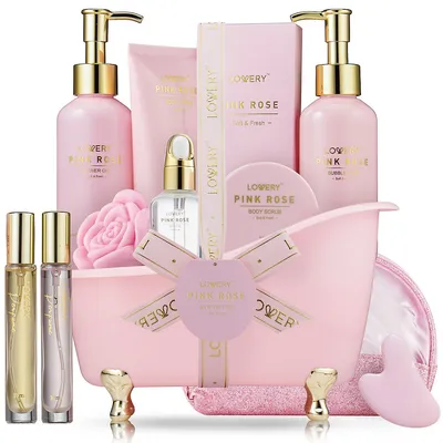 Luxury Spa Kit, 18pc Pink Rose Relaxing Basket With Perfumes, Gua Sha And More