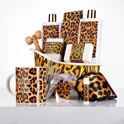 Bath & Body Gift Basket - 18pc Honey Almond Home Bath Pampering Package In Leopard Print