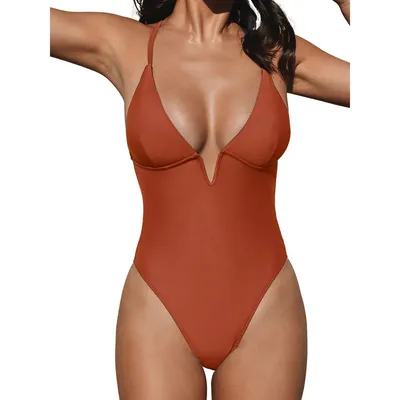 Women's Plunging V-wire Cross Back Cheeky One Piece Swimsuit