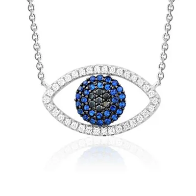 Sterling Silver Necklace Pendant For Girls Evil Eye Symbolic Protective Charm With Simulated Diamonds And Blue Sapphire 17.5"