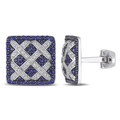 1 1/5 Ct Tgw Sapphire And 2/5 Ct Tw Diamond Square Cross Engraved Cufflinks In 14k White Gold