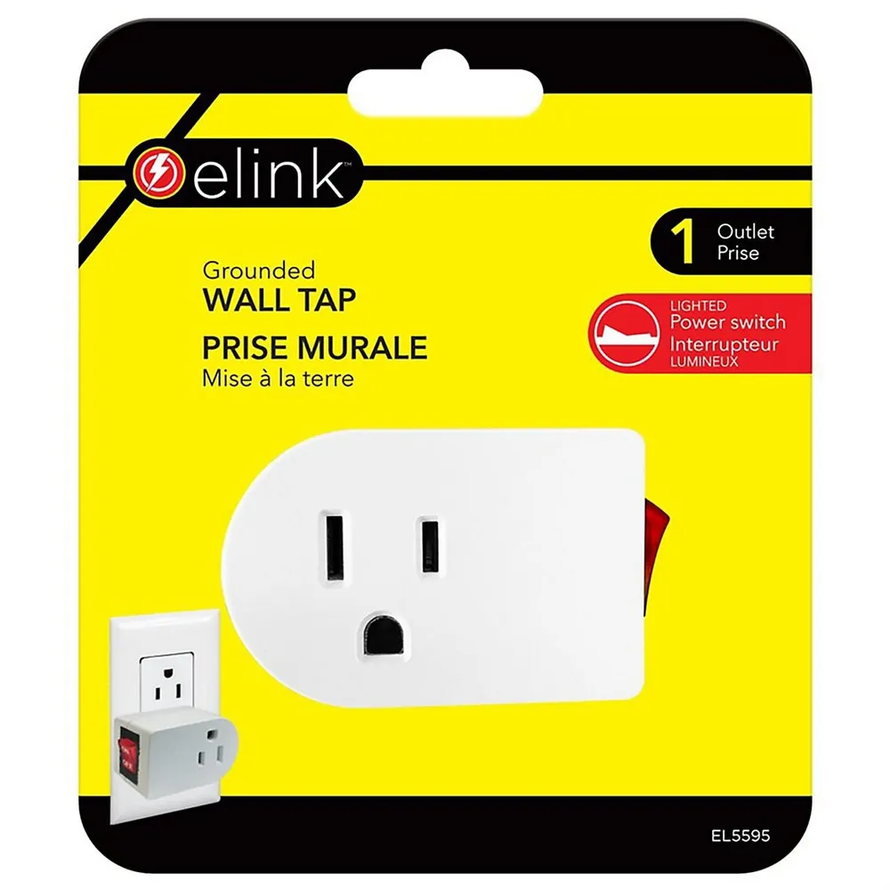 Grounded Wall Outlet Adapter, Illuminated Power Switch