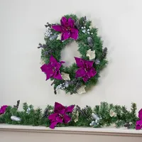 24" Purple Poinsettia And Silver Pine Cone Artificial Christmas Wreath - Unlit