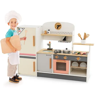 Kids Chef Play Kitchen Set Toddlers Wooden Pretend Toy Playset With Range Hood