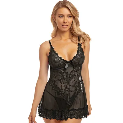 Women's Valentine Soft Cup Lacey Babydoll With Bows And G-string Panty