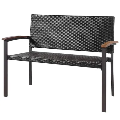 Outdoor Patio Rattan Wicker Bench Loveseat Chair Armrest Garden Deck