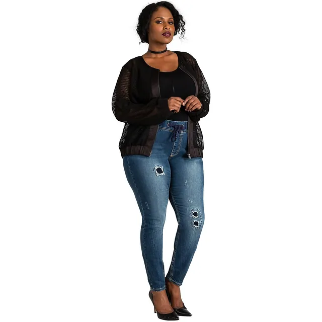 Poetic Justice Curvy Blue Stretch Denim Ribbed Waistband Jogger Pants