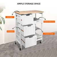 Kitchen Island Cart On Wheels, Mobile Storage Trolley Serving Cart With Wood Countertop, 3 Drawers And Removable Tray