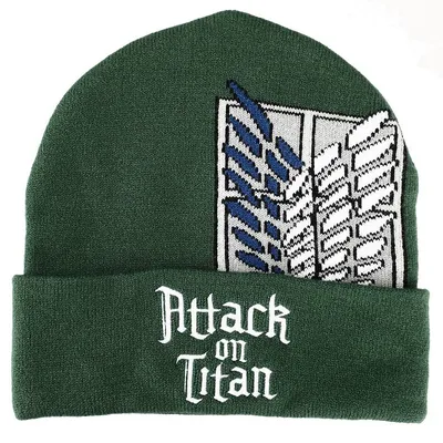 Attack On Titan Flat Logo Embroidery On Olive Acrylic Knit With Scout Crest Magic Jacquard Beanie