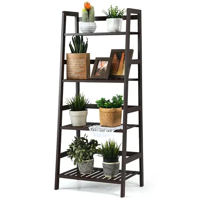 4-tier Bamboo Ladder Shelf Plant Display Stand Rack Bookshelf Dark Brown