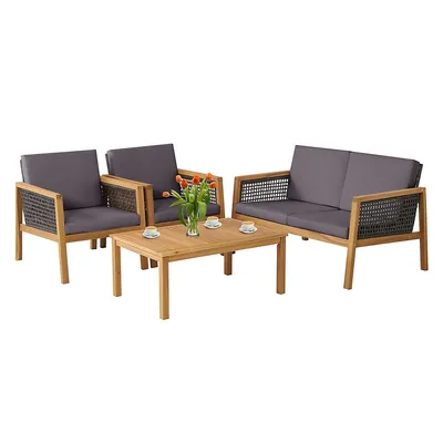 4pcs Patio Rattan Furniture Set Acacia Wood Cushioned Sofa Off