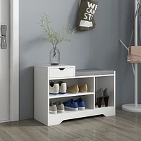 Entryway Shoe Bench With Drawer, Shelves And Seating Cushion
