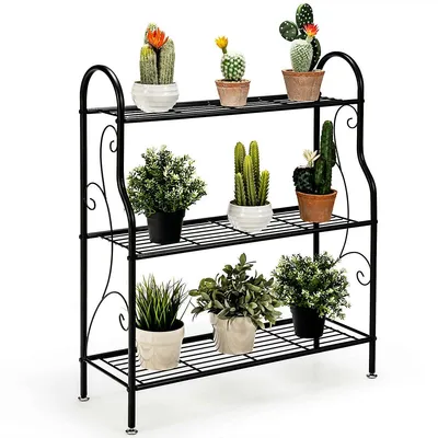 3-tier Metal Plant Stand Elegant Scrollwork Pattern Flower Display Shelf