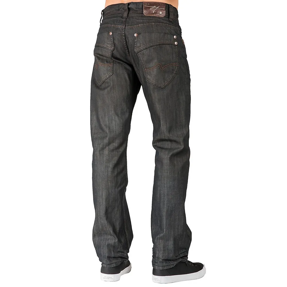Men's Relaxed Straight Premium Denim Jeans Dirty Tinted Whiskering Wash Signature 5 Pocket
