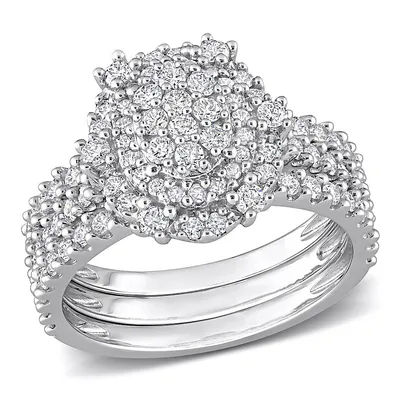 1 1/2 Ct Tw Diamond Double Halo Oval Cluster Bridal Ring Set 10k White Gold