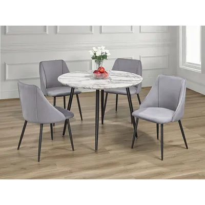 Round Faux Marble 5 Piece Dining Set With Grey Velvet Chairs