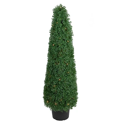 4' Pre-lit Artificial Boxwood Cone Topiary Tree With Round Pot, Clear Lights
