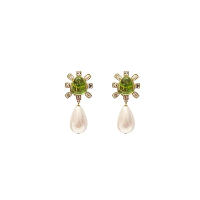 Peridot Stone Pearl Drop Earrings