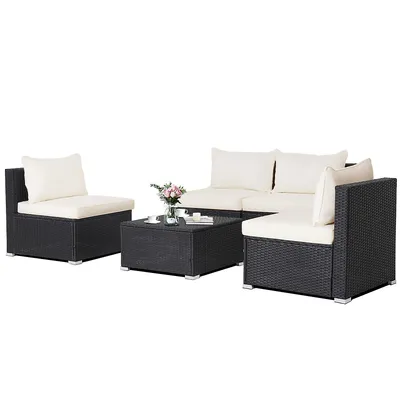 5pcs Patio Rattan Wicker Furniture Conversation Set Cushioned Sofa Deck