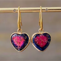 Two Tone Purple Pink Jasper Stone Heart Drop Earrings