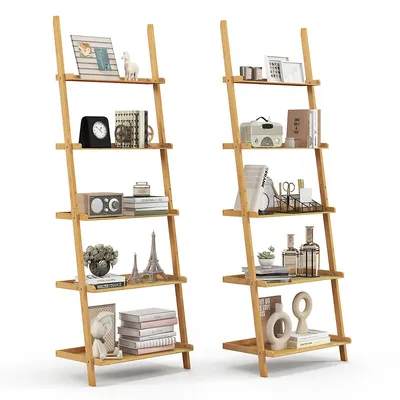 2 Pcs 5-tier Bamboo Ladder Shelf Wall-leaning Display Bookcase Storage Rack