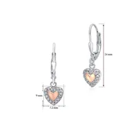 Sterling Silver 925 Heart In Heart Dangle Leverback Earrings With Pave Cubic Zirconia