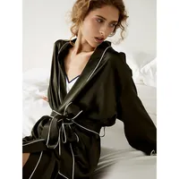 Contrast Piping Long Sleeves Night Robe For Women