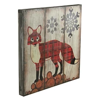 13.75" Alpine Chic Plaid Red Fox On Lumber With Snowflakes Wall Art Plaque