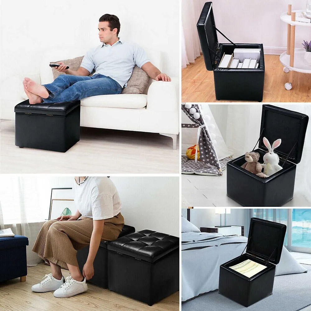 Costway Small Ottoman Footrest PU Leather Footstool Rectangular Seat Stool  Black 