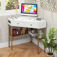 Corner Desk With Built-in Charging Station Storage Drawers & Open Shelves Office