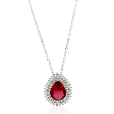 Sterling Silver 18" White Cz + Center Rose Red Cubic Pendant Necklace