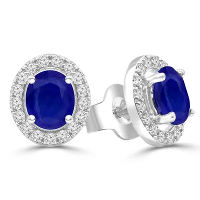 1.04 Ct Oval Blue Sapphire Halo Earrings 14k White Gold
