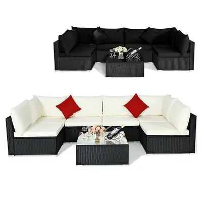 7pcs Patio Rattan Furniture Set Sectional Sofas Off White & Cushion Covers