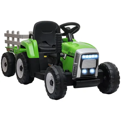 12v Electric Ride On Tractor W/ Trailer, Usb, Lights, Green