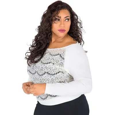 Curvy Women's Plus Lace Ponte Pullover Neck Sweatshirt